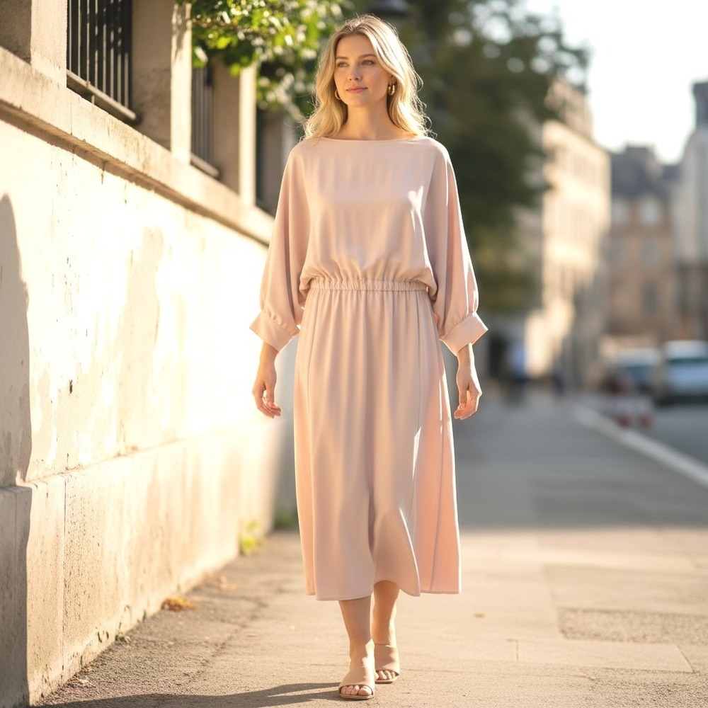 COS midi dress sz 10 pale peach/beige long sleeve elegant minimalist OO